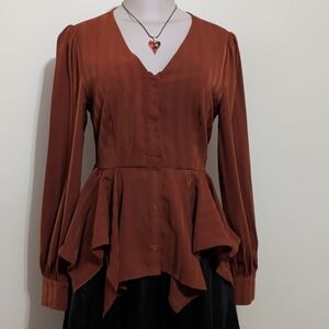 Rust Button Up V Neck Blouse